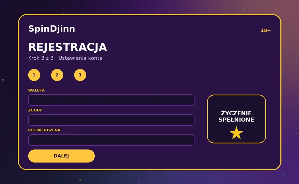 Wybór waluty PLN i zgody w rejestracji SpinDjinn
