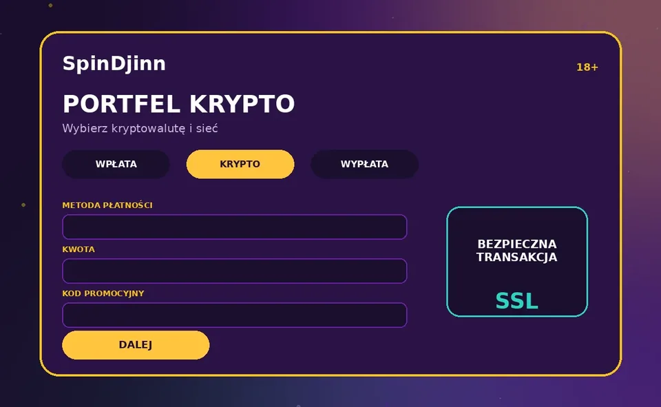 Podgląd ekranu wpłaty kryptowalutą w SpinDjinn z adresem portfela