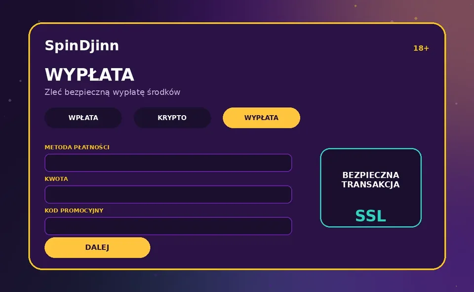 Podgląd ekranu wypłaty w kasie SpinDjinn z wyborem metody i kwoty